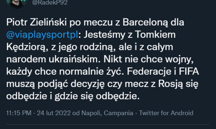 Piotr Zieliński po meczu z Barceloną...